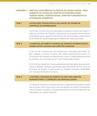 CONAMATS E TESES RELACIONADAS AOS DIREITOS HUMANOS | 103
COMISSÃO 4	 DIREITOS FUNDAMENTAIS DA PESSOA DO TRABALHADOR – MEIO
	 AMBIENTE DO TRABALHO, DIREITOS DA PERSONALIDADE,
	 ASSÉDIO MORAL, ASSÉDIO SEXUAL, DIREITOS FUNDAMENTAIS E
	 INTEGRAÇÃO ECONÔMICA
TESE 1	 A EVOLUÇÃO TECNOLÓGICA E OS LIMITES DO PODER DE
	 CONTROLE DO EMPREGADOR
O princípio constitucional da dignidade da pessoa humana tem larga in-
cidência no Direito do Trabalho, sobrepondo-se ao poder de controle do
empregador para a garantia dos direitos de personalidade e servindo-se
do princípio da razoabilidade para a análise dos casos concretos.
TESE 2	 A INSERÇÃO DO DIREITO INTERNO DE NORMAS INTERNACIONAIS
	 TRABALHISTAS LIGADAS AOS DIREITOS HUMANOS
a) As normas internacionais de tratados que, ratificados pelo Brasil, di-
gam respeito a direitos humanos têm status supraconstitucionais e se
incorporam de imediato ao ordenamento interno, independentemente de
lei ordinária, por força dos art. 4º, II, da Constituição Federal;
b) Os direitos trabalhistas ligados diretamente à dignidade da pessoa hu-
mana, a exemplo daqueles garantidos pela Declaração da OIT sobre os
Princípios de Direitos Fundamentais no Trabalho (Genebra, 18.06.1998),
têm natureza de direitos humanos.
TESE 3	 A NATURAL VOCAÇÃO DO DIREITO NA ERA DOS DIREITOS 	
	 HUMANOS PARA A CORREÇÃO DAS DESIGUALDADES
A Justiça do Trabalho é competente para o julgamento de todas as ações
que envolvam dano moral decorrente da relação de trabalho, entendendo
como tal todas as lesões ou ameaça de lesões ao direito fundamental do
trabalhador ao trabalho decente.
 