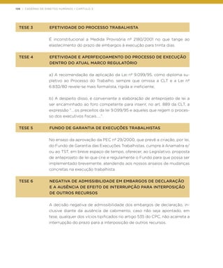 106 | CADERNO DE DIREITOS HUMANOS / CAPÍTULO 3
TESE 3	 EFETIVIDADE DO PROCESSO TRABALHISTA
É inconstitucional a Medida Provisória nº 2180/2001 no que tange ao
elastecimento do prazo de embargos à execução para trinta dias.
TESE 4	 EFETIVIDADE E APERFEIÇOAMENTO DO PROCESSO DE EXECUÇÃO
	 DENTRO DO ATUAL MARCO REGULATÓRIO
a) A recomendação da aplicação da Lei nº 9.099/95, como diploma su-
pletivo ao Processo do Trabalho, sempre que omissa a CLT e a Lei nº
6.830/80 revele-se mais formalista, rígida e ineficiente;
b) A despeito disso, é conveniente a elaboração de anteprojeto de lei a
ser encaminhado ao foro competente para inserir, no art. 889 da CLT, a
expressão “....os preceitos da lei 9.099/95 e aqueles que regem o proces-
so dos executivos fiscais.....”.
TESE 5	 FUNDO DE GARANTIA DE EXECUÇÕES TRABALHISTAS
No ensejo da aprovação da PEC nº 29/2000, que prevê a criação, por lei,
do Fundo de Garantia das Execuções Trabalhistas, cumpre à Anamatra e/
ou ao TST, em breve espaço de tempo, oferecer, ao Legislativo, proposta
de anteprojeto de lei que crie e regulamente o Fundo para que possa ser
implementado brevemente, atendendo aos nossos anseios de mudanças
concretas na execução trabalhista.
TESE 6	 NEGATIVA DE ADMISSIBILIDADE EM EMBARGOS DE DECLARAÇÃO
	 E A AUSÊNCIA DE EFEITO DE INTERRUPÇÃO PARA INTERPOSIÇÃO
	 DE OUTROS RECURSOS
A decisão negativa de admissibilidade dos embargos de declaração, in-
clusive diante da ausência de cabimento, caso não seja apontado, em
tese, qualquer dos vícios tipificados no artigo 535 do CPC, não acarreta a
interrupção do prazo para a interposição de outros recursos.
 