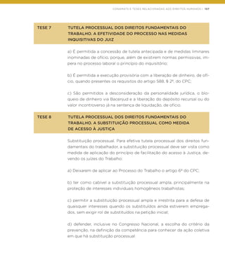 CONAMATS E TESES RELACIONADAS AOS DIREITOS HUMANOS | 107
TESE 7	 TUTELA PROCESSUAL DOS DIREITOS FUNDAMENTAIS DO
	 TRABALHO. A EFETIVIDADE DO PROCESSO NAS MEDIDAS
	 INQUISITIVAS DO JUIZ
a) É permitida a concessão de tutela antecipada e de medidas liminares
inominadas de ofício, porque, além de existirem normas permissivas, im-
pera no processo laboral o princípio do inquisitório;
b) É permitida a execução provisória com a liberação de dinheiro, de ofí-
cio, quando presentes os requisitos do artigo 588, § 2º, do CPC;
c) São permitidos a desconsideração da personalidade jurídica, o blo-
queio de dinheiro via Bacenjud e a liberação do depósito recursal ou do
valor incontroverso já na sentença de liquidação, de ofício.
TESE 8	 TUTELA PROCESSUAL DOS DIREITOS FUNDAMENTAIS DO
	 TRABALHO. A SUBSTITUIÇÃO PROCESSUAL COMO MEDIDA
	 DE ACESSO À JUSTIÇA
Substituição processual. Para efetiva tutela processual dos direitos fun-
damentais do trabalhador, a substituição processual deve ser vista como
medida de aplicação do princípio de facilitação do acesso à Justiça, de-
vendo os juízes do Trabalho:
a) Deixarem de aplicar ao Processo do Trabalho o artigo 6º do CPC;
b) ter como cabível a substituição processual ampla, principalmente na
proteção de interesses individuais homogêneos trabalhistas;
c) permitir a substituição processual ampla e irrestrita para a defesa de
quaisquer interesses quando os substituídos ainda estiverem emprega-
dos, sem exigir rol de substituídos na petição inicial;
d) defender, inclusive no Congresso Nacional, a escolha do critério da
prevenção, na definição da competência para conhecer da ação coletiva
em que há substituição processual.
 