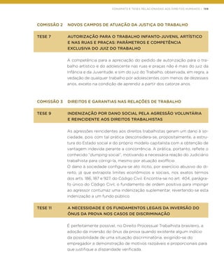 CONAMATS E TESES RELACIONADAS AOS DIREITOS HUMANOS | 109
COMISSÃO 2	 NOVOS CAMPOS DE ATUAÇÃO DA JUSTIÇA DO TRABALHO
TESE 7	 AUTORIZAÇÃO PARA O TRABALHO INFANTO-JUVENIL ARTÍSTICO
	 E NAS RUAS E PRAÇAS: PARÂMETROS E COMPETÊNCIA
	 EXCLUSIVA DO JUIZ DO TRABALHO
A competência para a apreciação do pedido de autorização para o tra-
balho artístico e do adolescente nas ruas e praças não é mais do juiz da
Infância e da Juventude, e sim do juiz do Trabalho, observada, em regra, a
vedação de qualquer trabalho por adolescentes com menos de dezesseis
anos, exceto na condição de aprendiz a partir dos catorze anos.
COMISSÃO 3	 DIREITOS E GARANTIAS NAS RELAÇÕES DE TRABALHO
TESE 9	 INDENIZAÇÃO POR DANO SOCIAL PELA AGRESSÃO VOLUNTÁRIA
	 E REINCIDENTE AOS DIREITOS TRABALHISTAS
As agressões reincidentes aos direitos trabalhistas geram um dano à so-
ciedade, pois com tal prática desconsidera-se, propositalmente, a estru-
tura do Estado social e do próprio modelo capitalista com a obtenção de
vantagem indevida perante a concorrência. A prática, portanto, reflete o
conhecido “dumping social”, motivando a necessária reação do Judiciário
trabalhista para corrigi-la, mesmo por atuação exofficio.
O dano à sociedade configura-se ato ilícito, por exercício abusivo do di-
reito, já que extrapola limites econômicos e sociais, nos exatos termos
dos arts. 186, 187 e 927, do Código Civil. Encontra-se no art. 404, parágra-
fo único do Código Civil, o fundamento de ordem positiva para impingir
ao agressor contumaz uma indenização suplementar, revertendo-se esta
indenização a um fundo público.
TESE 11	 A NECESSIDADE E OS FUNDAMENTOS LEGAIS DA INVERSÃO DO
	 ÔNUS DA PROVA NOS CASOS DE DISCRIMINAÇÃO
É perfeitamente possível, no Direito Processual Trabalhista brasileiro, a
adoção da inversão do ônus da prova quando existente algum indício
da possibilidade de uma situação discriminatória, exigindo-se do
empregador a demonstração de motivos razoáveis e proporcionais para
que justifique a disparidade verificada.
 