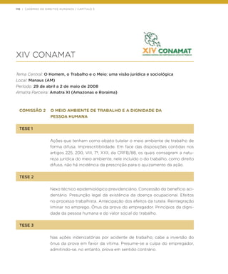 110 | CADERNO DE DIREITOS HUMANOS / CAPÍTULO 3
XIV CONAMAT
Tema Central: O Homem, o Trabalho e o Meio: uma visão jurídica e sociológica
Local: Manaus (AM)
Período: 29 de abril a 2 de maio de 2008
Amatra Parceira: Amatra XI (Amazonas e Roraima)
COMISSÃO 2	 O MEIO AMBIENTE DE TRABALHO E A DIGNIDADE DA
	 PESSOA HUMANA
TESE 1
Ações que tenham como objeto tutelar o meio ambiente de trabalho de
forma difusa. Imprescritibilidade. Em face das disposições contidas nos
artigos 225, 200, VIII, 7º, XXII, da CRFB/88, os quais consagram a natu-
reza jurídica do meio ambiente, nele incluído o do trabalho, como direito
difuso, não há incidência da prescrição para o ajuizamento da ação.
TESE 2
Nexo técnico epidemiológico previdenciário. Concessão do benefício aci-
dentário. Presunção legal da existência da doença ocupacional. Efeitos
no processo trabalhista. Antecipação dos efeitos da tutela. Reintegração
liminar no emprego. Ônus da prova do empregador. Princípios da digni-
dade da pessoa humana e do valor social do trabalho.
TESE 3
Nas ações indenizatórias por acidente de trabalho, cabe a inversão do
ônus da prova em favor da vítima. Presume-se a culpa do empregador,
admitindo-se, no entanto, prova em sentido contrário.
 