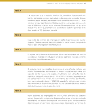 CONAMATS E TESES RELACIONADAS AOS DIREITOS HUMANOS | 111
TESE 4
1. É necessário que se adote a redução da jornada de trabalho em am-
bientes perigosos, penosos ou insalubres, bem como a proibição de que,
nesses locais de trabalho, sejam realizadas horas extraordinárias; 2. Deve-
-se rever a regra legal da estabilidade provisória no emprego, abrangendo
todo empregado doente, ainda que não tenha sido vítima de acidente
de trabalho, desde que tenha ficado afastado do trabalho por mais de 15
dias, sendo de 180 dias após sua alta.
TESE 5
Suspensão do contrato de emprego em razão da percepção de auxílio-
-doença. Obrigatoriedade da continuidade do fornecimento de convênio
médico pelo empregador. Boa-fé objetiva.
TESE 6
O regime de 12 horas de trabalho por 36 de descanso deve ser sempre
considerado inválido em virtude de proibição legal e do risco de aumento
do número de acidentes que gera.
TESE 7
O assédio moral nas relações de emprego é uma afronta múltipla aos
direitos fundamentais do trabalhador, atingindo-o de várias formas, en-
sejando, por tal razão, uma resposta multilateral com várias formas de
coerção e de ressarcimento, sendo, portanto, fundamento de indenização
por danos materiais e morais, rescisão indireta do contrato de trabalho,
bem como aplicação da Lei nº 9029/95, quando for efetuado com intuito
discriminatório, e estabilidade, quando houver caracterização de doença
do trabalho decorrente de assédio moral.
TESE 8
Morte acidental do empregado em serviço, meio ambiente do trabalho
nocivo, desrespeito à dignidade da pessoa humana e extinção motivada
do contrato por ato do empregador. Presume-se que a morte acidental
do empregado em serviço é consequência do desrespeito às normas de
 
