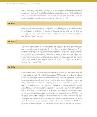 112 | CADERNO DE DIREITOS HUMANOS / CAPÍTULO 3
medicina e segurança do trabalho e da nocividade do meio ambiente la-
boral, com ofensa direta à dignidade da pessoa humana e à Carta Consti-
tucional, ensejando os mesmos efeitos da extinção do contrato por culpa
do empregador, com fundamento no art. 483, c, da CLT.
TESE 9
Presume-se discriminatória a dispensa do empregado que sofreu aciden-
te biológico no trabalho, no período de carência ou latência da doença,
que segundo a ciência médica enseje tratamento preventivo, e até 12 me-
ses depois de seu término.
TESE 10
Ato ilícito atentatório à saúde mental do trabalhador não caracterizado
como assédio moral. Indenização por danos morais. Cabimento. É im-
portante distinguir a figura do assédio moral, enquanto uma categoria
jurídica autônoma, de outros atos ilícitos atentatórios à saúde mental do
trabalhador, únicos ou múltiplos, que também são passíveis de indeni-
zação, nos termos dos artigos 186, 187 e 927, do Código Civil, e art. 5º,
incisos V e X, da CF/88.
TESE 11
Cabe indenização por dano moral individual e coletivo decorrente de es-
tresse auditivo (art. 186 do CC). Segundo a OMS, ruído no ambiente laboral
acima de 65 dB já caracteriza desconforto auditivo e estresse, podendo
gerar outras consequências como hipertensão, etc. A poluição sonora ge-
rada a partir de aparelhos do empregador ou de seus clientes (neste caso
por conduta omissiva) não necessita alcançar os níveis de insalubridade
previstos na Norma Regulamentadora nº 15, anexo I, do Ministério do Tra-
balho e Emprego, para violar a ordem jurídica, porque periclita o direito
fundamental à vida saudável do cidadão como trabalhador (CF/88). Não
se pode confundir condição tecnicamente insalutífera reconhecida pelo
Ministério do Trabalho e Emprego, para efeitos de prevenção de PAIR,
com danos morais por estresse auditivo. Em consequência, o MPT deve
atuar na esfera coletiva a fim de evitar essas circunstâncias (LC 75/93).
 