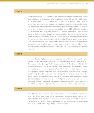 CONAMATS E TESES RELACIONADAS AOS DIREITOS HUMANOS | 113
TESE 12
Cabe indenização por dano moral individual e coletivo decorrente da
submissão de empregados a fumo passivo (arts. 186 do CC e 927, caput
e parágrafo único, do Código Civil, c/c arts. 8º e 769 da CLT). Quando
empresas permitem que seus empregados trabalhem inspirando fuma-
ça de cigarro e assemelhados, emitidos pelos empregadores, por outros
empregados ou por clientes, em violação à Lei nº 9.294/96, elas expõem
o trabalhador a situação de grave risco à saúde. Segundo a OMS, o fumo
passivo é considerado a segunda causa evitável de morte no mundo, su-
perada apenas pelo fumo ativo. A CF/88 protege o direito fundamental
à vida saudável do cidadão como trabalhador. Mesmo que o empregado
não desenvolva alguma patologia específica, como a própria dependên-
cia química de nicotina ou neoplasia posterior, o risco e o incômodo do
ambiente poluído pelos dejetos respiráveis do cigarro justificam a inde-
nização.
TESE 13
Amicus Curiae. Ações que versam sobre meio ambiente do trabalho com
objeto difuso. Aplicação analógica do parágrafo 3º, do art. 482, do CPC.
O amicus curiae (amigo da Corte), previsto no § 3º, do art. 482, do Có-
digo de Processo Civil, é um terceiro, sem interesse jurídico particular na
demanda, que, nas ações que se referem à declaração de inconstituciona-
lidade da lei, participa do processo para munir de informações o julgador
e, com isto, discutir objetivamente teses jurídicas, as quais poderiam não
estar dentro daquele universo sem sua presença. Por analogia, devem
ser aplicados os princípios regentes da figura do amicus curiae nas ações
relativas ao meio ambiente de trabalho de objeto difuso, tendo em vista
a matriz democrática do instituto e a natureza jurídica do bem ambiental.
TESE 14
Constitui ato ilícito e gera o dever de indenizar a incumbência transferida
aos bancários para transportar valores em evidente desvio de função,
acarretando-lhes manifestos prejuízos psicológicos, expondo-os ao risco
de assaltos e danos à sua integridade física e estresse no ambiente de
trabalho, afrontando a dignidade do trabalhador.
 