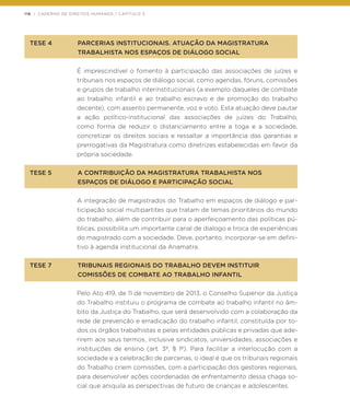 116 | CADERNO DE DIREITOS HUMANOS / CAPÍTULO 3
TESE 4	 PARCERIAS INSTITUCIONAIS. ATUAÇÃO DA MAGISTRATURA
	 TRABALHISTA NOS ESPAÇOS DE DIÁLOGO SOCIAL
É imprescindível o fomento à participação das associações de juízes e
tribunais nos espaços de diálogo social, como agendas, fóruns, comissões
e grupos de trabalho interinstitucionais (a exemplo daqueles de combate
ao trabalho infantil e ao trabalho escravo e de promoção do trabalho
decente), com assento permanente, voz e voto. Esta atuação deve pautar
a ação político-institucional das associações de juízes do Trabalho,
como forma de reduzir o distanciamento entre a toga e a sociedade,
concretizar os direitos sociais e ressaltar a importância das garantias e
prerrogativas da Magistratura como diretrizes estabelecidas em favor da
própria sociedade.
TESE 5	 A CONTRIBUIÇÃO DA MAGISTRATURA TRABALHISTA NOS
	 ESPAÇOS DE DIÁLOGO E PARTICIPAÇÃO SOCIAL
A integração de magistrados do Trabalho em espaços de diálogo e par-
ticipação social multipartites que tratam de temas prioritários do mundo
do trabalho, além de contribuir para o aperfeiçoamento das políticas pú-
blicas, possibilita um importante canal de dialogo e troca de experiências
do magistrado com a sociedade. Deve, portanto, incorporar-se em defini-
tivo à agenda institucional da Anamatra.
TESE 7	 TRIBUNAIS REGIONAIS DO TRABALHO DEVEM INSTITUIR
	 COMISSÕES DE COMBATE AO TRABALHO INFANTIL
Pelo Ato 419, de 11 de novembro de 2013, o Conselho Superior da Justiça
do Trabalho instituiu o programa de combate ao trabalho infantil no âm-
bito da Justiça do Trabalho, que será desenvolvido com a colaboração da
rede de prevenção e erradicação do trabalho infantil, constituída por to-
dos os órgãos trabalhistas e pelas entidades públicas e privadas que ade-
rirem aos seus termos, inclusive sindicatos, universidades, associações e
instituições de ensino (art. 3º, § 1º). Para facilitar a interlocução com a
sociedade e a celebração de parcerias, o ideal é que os tribunais regionais
do Trabalho criem comissões, com a participação dos gestores regionais,
para desenvolver ações coordenadas de enfrentamento dessa chaga so-
cial que aniquila as perspectivas de futuro de crianças e adolescentes.
 