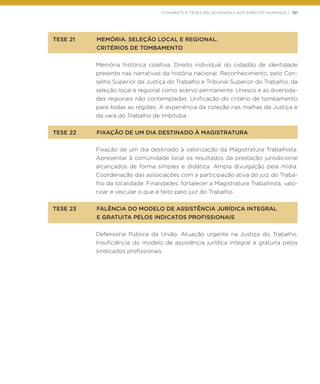 CONAMATS E TESES RELACIONADAS AOS DIREITOS HUMANOS | 121
TESE 21	 MEMÓRIA. SELEÇÃO LOCAL E REGIONAL.
	 CRITÉRIOS DE TOMBAMENTO
Memória histórica coletiva. Direito individual do cidadão de identidade
presente nas narrativas da história nacional. Reconhecimento, pelo Con-
selho Superior da Justiça do Trabalho e Tribunal Superior do Trabalho, da
seleção local e regional como acervo permanente. Unesco e as diversida-
des regionais não contempladas. Unificação do critério de tombamento
para todas as regiões. A experiência da coleção nas malhas da Justiça e
da vara do Trabalho de Imbituba.
TESE 22	 FIXAÇÃO DE UM DIA DESTINADO À MAGISTRATURA
Fixação de um dia destinado à valorização da Magistratura Trabalhista.
Apresentar à comunidade local os resultados da prestação jurisdicional
alcançados de forma simples e didática. Ampla divulgação pela mídia.
Coordenação das associações com a participação ativa do juiz do Traba-
lho da localidade. Finalidades: fortalecer a Magistratura Trabalhista, valo-
rizar e veicular o que é feito pelo juiz do Trabalho.
TESE 23	 FALÊNCIA DO MODELO DE ASSISTÊNCIA JURÍDICA INTEGRAL
	 E GRATUITA PELOS INDICATOS PROFISSIONAIS
Defensoria Pública da União. Atuação urgente na Justiça do Trabalho.
Insuficiência do modelo de assistência jurídica integral e gratuita pelos
sindicados profissionais.
 