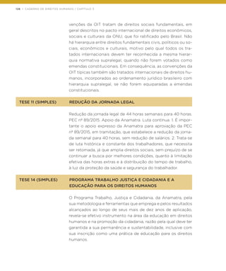 126 | CADERNO DE DIREITOS HUMANOS / CAPÍTULO 3
venções da OIT tratam de direitos sociais fundamentais, em
geral descritos no pacto internacional de direitos econômicos,
sociais e culturais da ONU, que foi ratificado pelo Brasil. Não
há hierarquia entre direitos fundamentais civis, políticos ou so-
ciais, econômicos e culturais, motivo pelo qual todos os tra-
tados internacionais devem ter reconhecida a mesma hierar-
quia normativa supralegal, quando não forem votados como
emendas constitucionais. Em consequência, as convenções da
OIT típicas também são tratados internacionais de direitos hu-
manos, incorporados ao ordenamento jurídico brasileiro com
hierarquia supralegal, se não forem equiparadas a emendas
constitucionais.
TESE 11 (SIMPLES)	 REDUÇÃO DA JORNADA LEGAL
Redução da jornada legal de 44 horas semanais para 40 horas.
PEC nº 89/2015. Apoio da Anamatra. Luta contínua. 1. É impor-
tante o apoio expresso da Anamatra para aprovação da PEC
nº 89/2015, em tramitação, que estabelece a redução da jorna-
da semanal para 40 horas, sem redução de salários. 2. Trata-se
de luta histórica e constante dos trabalhadores, que necessita
ser retomada, já que amplia direitos sociais, sem prejuízo de se
continuar a busca por melhores condições, quanto à limitação
efetiva das horas extras e à distribuição do tempo de trabalho,
à luz da proteção da saúde e segurança do trabalhador.
TESE 14 (SIMPLES)	 PROGRAMA TRABALHO JUSTIÇA E CIDADANIA E A
	 EDUCAÇÃO PARA OS DIREITOS HUMANOS
O Programa Trabalho, Justiça e Cidadania, da Anamatra, pela
sua metodologia e ferramentas que emprega e pelos resultados
alcançados ao longo de seus mais de dez anos de aplicação,
revela-se efetivo instrumento na área da educação em direitos
humanos e na promoção da cidadania, razão pela qual deve ter
garantida a sua permanência e sustentabilidade, inclusive com
sua inscrição como uma prática de educação para os direitos
humanos.
 