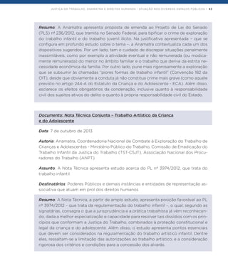 JUSTIÇA DO TRABALHO, ANAMATRA E DIREITOS HUMANOS - ATUAÇÃO NOS DIVERSOS ESPAÇOS PÚBLICOS | 83
Resumo: A Anamatra apresenta proposta de emenda ao Projeto de Lei do Senado
(PLS) nº 236/2012, que tramita no Senado Federal, para tipificar o crime de exploração
do trabalho infantil e do trabalho juvenil ilícito. Na justificativa apresentada – que se
configura em profundo estudo sobre o tema –, a Anamatra contextualiza cada um dos
dispositivos sugeridos. Por um lado, tem o cuidado de discrepar situações penalmente
inassimiláveis, como por exemplo a atividade eventual e não remunerada (ou modica-
mente remunerada) do menor no âmbito familiar e o trabalho que deriva da estrita ne-
cessidade econômica da família. Por outro lado, pune mais rigorosamente a exploração
que se subsumir às chamadas “piores formas de trabalho infantil” (Convenção 182 da
OIT), desde que obviamente a conduta já não constitua crime mais grave (como aquele
previsto no artigo 244-A do Estatuto da Criança e do Adolescente - ECA). Além disso,
esclarece os efeitos obrigatórios da condenação, inclusive quanto à responsabilidade
civil dos sujeitos ativos do delito e quanto à própria responsabilidade civil do Estado.
Documento: Nota Técnica Conjunta – Trabalho Artístico da Criança
e do Adolescente
Data: 7 de outubro de 2013
Autoria: Anamatra, Coordenadoria Nacional de Combate à Exploração do Trabalho de
Crianças e Adolescentes - Ministério Público do Trabalho, Comissão de Erradicação do
Trabalho Infantil da Justiça do Trabalho (TST-CSJT), Associação Nacional dos Procu-
radores do Trabalho (ANPT)
Assunto: A Nota Técnica apresenta estudo acerca do PL nº 3974/2012, que trata do
trabalho infantil
Destinatários: Poderes Públicos e demais instâncias e entidades de representação as-
sociativa que atuam em prol dos direitos humanos
Resumo: A Nota Técnica, a partir de amplo estudo, apresenta posição favorável ao PL
nº 3974/2012 – que trata da regulamentação do trabalho infantil –, o qual, segundo as
signatárias, consagra o que a jurisprudência e a prática trabalhista já vêm reconhecen-
do, dada a melhor especialização e capacidade para resolver tais dissídios com os prin-
cípios que conformam a Justiça do Trabalho, combinados à proteção constitucional e
legal da criança e do adolescente. Além disso, o estudo apresenta pontos essenciais
que devem ser considerados na regulamentação do trabalho artístico infantil. Dentre
eles, ressaltam-se a limitação das autorizações ao trabalho artístico, e a consideração
rigorosa dos critérios e condições para a concessão dos alvarás.
 