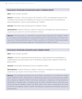 84 | CADERNO DE DIREITOS HUMANOS / CAPÍTULO 2
Documento: Declaração-Compromisso sobre o Trabalho Infantil
Data: 10 de outubro de 2013
Autoria: Anamatra, Tribunal Superior do Trabalho (TST), Coordenadoria Nacional do
Combate à Exploração do Trabalho da Criança e do Adolescente (Coordinfância),
desembargadores, juízes e procuradores do Trabalho
Assunto: Manifesto pela erradicação do trabalho infantil
Destinatários: Poderes Públicos e demais instâncias e entidades de representação as-
sociativa que atuam em prol dos direitos humanos
Resumo: No documento, os signatários pugnam pela erradicação do trabalho infantil
e, em especial, a eliminação das suas piores formas, em cumprimento às normas inter-
nacionais. Também defendem que o Poder Judiciário e o Ministério Público participem
ativa e decisivamente para assegurar a erradicação do trabalho infantil.
Documento: Declaração de Brasília sobre Trabalho Infantil
Data: 10 de outubro de 2013
Autoria: Anamatra, representantes de governos, organizações de empregadores e
trabalhadores que participaram da III Conferência Global sobre Trabalho Infantil, em
Brasília (DF)
Assunto: Declaração (Manifesto) contra o trabalho infantil
Destinatários: Poderes Públicos e demais instâncias e entidades de representação
associativa que atuam em prol dos direitos humanos
Resumo: As entidades signatárias do documento, reunidas na III Conferência Global
sobre Trabalho Infantil, apresentam na declaração pública uma retrospectiva das ações
de combate ao trabalho infantil. Além disso, analisam os obstáculos remanescentes e
apresentam medidas para o fortalecimento de ações voltadas para a eliminação das
piores formas de trabalho infantil até 2016, bem como para a erradicação de todas
as formas de trabalho infantil a partir de esforços conjuntos em âmbitos nacional e
internacional.
 