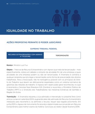 88 | CADERNO DE DIREITOS HUMANOS / CAPÍTULO 2
IGUALDADE NO TRABALHO
AÇÕES PROPOSTAS PERANTE O PODER JUDICIÁRIO
SUPREMO TRIBUNAL FEDERAL
RECURSO EXTRAORDINÁRIO COM AGRAVO
nº 713.211/MG
TERCEIRIZAÇÃO
Relator: Ministro Luiz Fux
Objeto – Trata-se de Recurso Extraordinário com Agravo que trata da terceirização – mais
especificamente, coloca em debate o conceito da atividade-fim de uma empresa e quais
atividades de uma empresa podem ou não ser terceirizadas. A Anamatra é contrária a
qualquer proposta que privilegie a terceirização como forma de precarização dos direitos
trabalhistas. Para a Associação, não há transigência possível com os princípios do Direi-
to do Trabalho, que devem ser efetivamente respeitados como um sistema normativo de
garantias das relações de trabalho. O Agravo tem repercussão geral reconhecida, no qual
é recorrente a Celulose Nipo Brasileira S/A (Cenibra) e recorridos o Ministério Público do
Trabalho (MPT) e o Sindicato dos Trabalhadores nas Indústrias Extrativas de Ganhães e
Região Siti-Extra.
Tramitação – A Anamatra requereu a sua admissão e intervenção no presente feito como
amicus curiae em setembro/2014, pugnando pela não admissão do Recurso Extraordinário
interposto pelo recorrente e, se admitido o recurso, requer seja negado provimento. Em
junho/2015 o Agravo de Instrumento foi provido e determinada sua conversão em Recurso
Extraordinário para melhor exame da matéria. Conclusos ao relator desde fevereiro/2016.
88 | CADERNO DE DIREITOS HUMANOS / CAPÍTULO 2
 