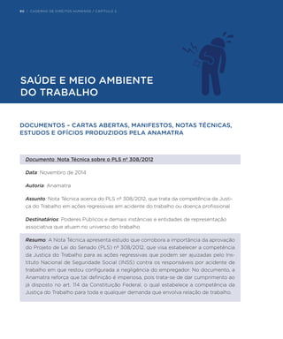 90 | CADERNO DE DIREITOS HUMANOS / CAPÍTULO 2
DOCUMENTOS – CARTAS ABERTAS, MANIFESTOS, NOTAS TÉCNICAS,
ESTUDOS E OFÍCIOS PRODUZIDOS PELA ANAMATRA
Documento: Nota Técnica sobre o PLS nº 308/2012
Data: Novembro de 2014
Autoria: Anamatra
Assunto: Nota Técnica acerca do PLS nº 308/2012, que trata da competência da Justi-
ça do Trabalho em ações regressivas em acidente do trabalho ou doença profissional
Destinatários: Poderes Públicos e demais instâncias e entidades de representação
associativa que atuam no universo do trabalho
Resumo: A Nota Técnica apresenta estudo que corrobora a importância da aprovação
do Projeto de Lei do Senado (PLS) nº 308/2012, que visa estabelecer a competência
da Justiça do Trabalho para as ações regressivas que podem ser ajuizadas pelo Ins-
tituto Nacional de Seguridade Social (INSS) contra os responsáveis por acidente de
trabalho em que restou configurada a negligência do empregador. No documento, a
Anamatra reforça que tal definição é imperiosa, pois trata-se de dar cumprimento ao
já disposto no art. 114 da Constituição Federal, o qual estabelece a competência da
Justiça do Trabalho para toda e qualquer demanda que envolva relação de trabalho.
SAÚDE E MEIO AMBIENTE
DO TRABALHO
90 | CADERNO DE DIREITOS HUMANOS / CAPÍTULO 2
 