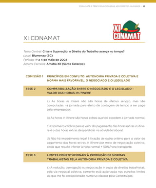 CONAMATS E TESES RELACIONADAS AOS DIREITOS HUMANOS | 95
XI CONAMAT
Tema Central: Crise e Superação: o Direito do Trabalho avança no tempo?
Local: Blumenau (SC)
Período: 1º a 4 de maio de 2002
Amatra Parceira: Amatra XII (Santa Catarina)
COMISSÃO 1	 PRINCÍPIOS EM CONFLITO: AUTONOMIA PRIVADA E COLETIVA E
	 NORMA MAIS FAVORÁVEL. O NEGOCIADO E O LEGISLADO
TESE 2 	 COMPATIBILIZAÇÃO ENTRE O NEGOCIADO E O LEGISLADO –
	 VALOR DAS HORAS IN ITINERE
a) As horas in itinere não são horas de efetivo serviço, mas são
computadas na jornada para efeito de contagem de tempo a ser pago
pelo empregador;
b) As horas in itinere são horas extras quando excedem a jornada normal;
c) O primeiro critério para o valor do pagamento das horas extras in itine-
re é o das horas extras despendidas na atividade laboral;
d) Não há impedimento legal à fixação de outro critério para o valor do
pagamento das horas extras in itinere por meio de negociação coletiva,
ainda que resulte inferior à hora normal + 50%/hora transporte.
TESE 3 	 LIMITES CONSTITUCIONAIS À PRODUÇÃO DE NORMAS
	 TRABALHISTAS PELA AUTONOMIA PRIVADA E COLETIVA
a) A redução, derrogação ou negociação in pejus de direitos trabalhistas,
pela via negocial coletiva, somente está autorizada nos estreitos limites
do que lhe foi excepcionado numerus clausus pela Constituição;
 