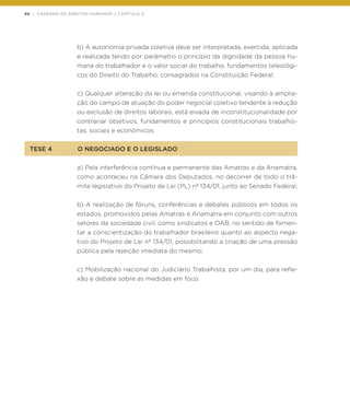 96 | CADERNO DE DIREITOS HUMANOS / CAPÍTULO 3
b) A autonomia privada coletiva deve ser interpretada, exercida, aplicada
e realizada tendo por parâmetro o princípio da dignidade da pessoa hu-
mana do trabalhador e o valor social do trabalho, fundamentos teleológi-
cos do Direito do Trabalho, consagrados na Constituição Federal;
c) Qualquer alteração da lei ou emenda constitucional, visando à amplia-
ção do campo de atuação do poder negocial coletivo tendente à redução
ou exclusão de direitos laborais, está eivada de inconstitucionalidade por
contrariar objetivos, fundamentos e princípios constitucionais trabalhis-
tas, sociais e econômicos.
TESE 4	 O NEGOCIADO E O LEGISLADO
a) Pela interferência contínua e permanente das Amatras e da Anamatra,
como aconteceu na Câmara dos Deputados, no decorrer de todo o trâ-
mite legislativo do Projeto de Lei (PL) nº 134/01, junto ao Senado Federal;
b) A realização de fóruns, conferências e debates públicos em todos os
estados, promovidos pelas Amatras e Anamatra em conjunto com outros
setores da sociedade civil, como sindicatos e OAB, no sentido de fomen-
tar a conscientização do trabalhador brasileiro quanto ao aspecto nega-
tivo do Projeto de Lei nº 134/01, possibilitando a criação de uma pressão
pública pela rejeição imediata do mesmo;
c) Mobilização nacional do Judiciário Trabalhista, por um dia, para refle-
xão e debate sobre as medidas em foco.
 