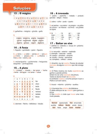 SoluçõesSoluções
28
13 • O mágico
1.
2. ge/la/ti/na – má/gi/co – gi/ra/fa – ge/lo
3.
14 • A festa
1. foguete – guindaste – guizo – figueira
2. guitarra – guiador – perseguir – sangue
guerreiro – pessegueiro – guilhotina –
mangueira – caranguejo
3. mo/ran/guei/ro – gui/ta/rris/ta – fre/gue/sia
se/gui/dor – por/tu/gue/ses
15 • A pluto
1. blindado – floresta – declamar – flecha
cliente – deflagrar – reclamar – flutuar
2.
3. clarinete – flecha – biblioteca – blusão
16 • A trovoada
1. pedra – padrinho – tratado – produto
gravata – alegre – fresco
2. cobra – cofre – prato – quatro
3. as pedras – os pratos – os pregos – os grilos
os cravos – os frascos – os livros – as grades
os tigres
4. la • • to gri • • gra
bran • • sa pre• • de
pra • • dra gra• • go
bra • • co re • • ta
17 • Saltar ao eixo
1. extintor: is – exército: z – bruxa: ch – próximo:
ss – saxofone: cs
2. is: excursão – exterior – explosão
z: exemplo – executar – existe
ch: queixo – encaixar – enxame
ss: auxílio – trouxe – aproximar
cs: complexo – reflexo – anexo
3. Amanhã, vou ter exame. Preciso de estudar
exemplos de alguns exercícios que não consigo
fazer.
4. O Piloto mostrou ter muita experiência ao
ganhar o grande prémio.
Ontem fui ver uma exposição de pintura.
Todos os alunos foram na excursão.
O professor explicou à turma porque é que o
Pedro é um bom aluno.
5. trouxe – máximo – próximo – auxiliou
6. A farmácia fica próximo da biblioteca.
O atleta esforçou-se ao máximo para ganhar a
prova.
A Rita auxiliou o João que trouxe uma mala
muito pesada.
7.
mágico tangerina angina bagagem
genial magistrado degelo página
algema ginásio vagem algibeira
i a f x m o r d
d s c t f r t b
e c l e l e a m
f l i c a c b i
l a v l u l l s
o r u a t u e x
r o p t a s t u
b l u s a o e l
o u t m x s i m
flor
claro
tecla
flauta
recluso
tablete
blusa
e
eie
i
e
i
o e
a
ier g m e m u g d o
ig m d o g l d o
g l a d oc l é g o
ig r o
aidg a a g mg r n o
flexível apaixonado fixo enxurrada
auxiliar reflexo flexão existir tóxico
táxi feixe exigir boxe maxilar
Cad_Ditados_6_8 7/28/09 10:42 AM Page 28
 