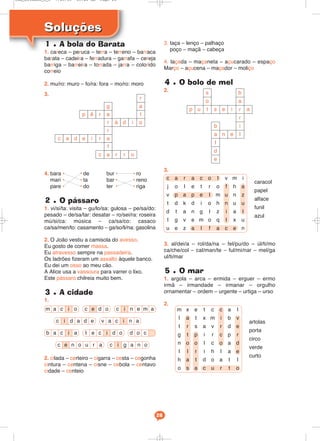 artolas
porta
circo
verde
curto
c a r a c o l v m i
j o l e t r o f h a
v p a p e l m u n z
t d k d i o h n u u
d t a n g l z i a l
l g v e m o q l x u
u e z a l f a c e n
caracol
papel
alface
funil
azul
e i
ii
ii
SoluçõesSoluções
26
c d a d e v a c n a
b a c a d o ct e c d o
c g a n oc n o u r a
ieim a c o c d o c n e m a m x e t c c a l
l a t x m i b v
t r s a v r d e
g t p i r c p r
n o o l c o a d
l l r i h l a e
h a t d o a t l
o s a c u r t o
1 • A bola do Barata
1. careca – peruca – terra – terreno – barraca
barata – cadeira – ferradura – garrafa – cereja
barriga – barreira – torrada – jarra – colorido
correio
2. mu/ro: muro – fo/ra: fora – mo/ro: moro
3.
4. bara • • de bur • • ro
mari • • ta bar • • reno
pare • • do ter • • riga
2 • O pássaro
1. vi/si/ta: visita – gu/lo/sa: gulosa – pe/sa/do:
pesado – de/sa/tar: desatar – ro/sei/ra: roseira
mú/si/ca: música – ca/sa/co: casaco
ca/sa/men/to: casamento – ga/so/li/na: gasolina
2. O João vestiu a camisola do avesso.
Eu gosto de comer massa.
Eu atravesso sempre na passadeira.
Os ladrões fizeram um assalto àquele banco.
Eu dei um osso ao meu cão.
A Alice usa a vassoura para varrer o lixo.
Este pássaro chilreia muito bem.
3 • A cidade
1.
2. cilada – certeiro – cigarra – cesta – cegonha
cintura – centena – cisne – cebola – centavo
cidade – centeio
3. taça – lenço – palhaço
poço – maçã – cabeça
4. laçada – maçaneta – açucarado – espaço
Março – açucena – maçador – moliço
4 • O bolo de mel
2.
3.
3. al/dei/a – rol/da/na – fel/pu/do – úl/ti/mo
ca/che/col – cal/man/te – ful/mi/nar – mel/ga
ul/ti/mar
5 • O mar
1. argola – arca – ermida – erguer – ermo
irmã – irmandade – irmanar – orgulho
ornamentar – ordem – urgente – urtiga – urso
2.
p u l
o
s
s e i r
r
i
l
a
b
a
a
b
l
d
e
n e
p ê r a
r á d i o
t
a
r
r
ariedac
f
a r r oc
g
Cad_Ditados_6_8 7/28/09 10:41 AM Page 26
 