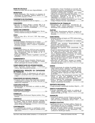 BASE DE CÁLCULO                                                                               - previdenciária e fiscal. Conciliação na execução. Dis-
- Imposto de renda. Juros de mora. Impossibilidade .........215                                 criminação de parcelas em desacordo com a sentença
                                                                                                transitada em julgado. Inadmissibilidade........................219
BENEFÍCIOS                                                                                    - contribuição previdenciária. Incidência sobre verbas
- Auxílio-alimentação. Não inscrição no programa de                                             reflexas no aviso prévio indenizado. Pertinência ...........219
  alimentação do trabalhador. Natureza salarial. Lei n.                                       - previdenciária. Empregador rural pessoa jurídica.
  6.321/1976 e Decreto n. 5/1991 ......................................216                      Agroindústria. Aplicação do art. 25, da Lei n.
                                                                                                8.870/1994, e 22-A, da Lei n. 8.212/1991......................220
CADERNETA DE POUPANÇA                                                                         - sindical. Natureza tributária. Prescrição do art. 174 do
- Constrição de numerário de sócio de empresa ................216                               Código Tributário Nacional. Aplicabilidade ..................220
CANAVIEIRO                                                                                    COOPERATIVA DE TRABALHO
- Intervalos de repouso durante a jornada. NR 31 do                                           - Intermediação de mão-de-obra. Atividade-fim do
  Ministério do Trabalho. Não-concessão. Aplicação                                              tomador. Fraude. Vínculo empregatício reconhecido
  análoga do art. 72 da CLT. Possibilidade .......................216                           diretamente com o tomador dos serviços........................220
CARGO EM COMISSÃO                                                                             CUSTAS
- Relação jurídica de natureza administrativa. Incom-                                         - Guia DARF. Preenchimento deficiente. Ausência de
  petência material da Justiça do Trabalho .......................216                           indicação do reclamante, da Vara e do Processo.
                                                                                                Deserção ..........................................................................220
CDHU
- Dona da obra. OJ n. 191 do C. TST. Não enqua-                                               DANO MORAL
  dramento ..........................................................................216      - Anotação incorreta da função em CTPS. Inobservância
                                                                                                 do art. 29 da CLT.............................................................221
CERTIDÃO                                                                                      - coletivo. Contratação de trabalhadores em condições
- de dívida trabalhista. Pertinência de seus efeitos.............217                             subumanas ........................................................................220
- de dívida trabalhista. Expedição face a créditos previ-                                     - Desavença entre servidoras. Responsabilidade do
  denciários líquidos, certos e exigíveis. Legalidade.                                           município. Não caracterizado..........................................221
  Economia ao erário..........................................................217             - Doença ocupacional. Inocorrência...................................225
                                                                                              - Empregado não registrado. Lesão caracterizada. Art.
COMISSÃO                                                                                         927 do CC ........................................................................221
- de Conciliação Prévia (art. 625-D do texto consolida-                                       - Fixação de indenização por dano moral. Inconformida-
  do). Ausência de submissão da demanda. Extinção do                                             de da parte com o valor fixado, sem apontar o valor
  feito. Descabimento, Pena de afronta ao art. 5º,                                               que, fundamentadamente, entenderia então como
  XXXV, da Magna Carta ..................................................217                     correto. Redução impraticável, devendo ser mantida
- Empregado vendedor. Estorno. Legalidade e previsão                                             aquela fixada pela sentença de 1ª Instância ....................221
  normativa ..........................................................................217     - Furto. Persecução policial e posterior ação penal para
                                                                                                 apuração dos fatos. Exercício regular de direito. Art.
COMISSIONISTA                                                                                    188, I, do CC. Inocorrência.............................................220
- Venda através de concurso licitatório. Demissão ocor-                                       - Indenização por dano moral. Acidente de trabalho.
  rente em período anterior à finalização do certame.                                            Ação ajuizada pelos irmãos da vítima. Prova do fato
  Direito à percepção da comissão acordada .....................217                              constitutivo do direito ......................................................237
COMPLEMENTAÇÃO DE APOSENTADORIA                                                               DANOS
- Banco Santander. Acordo coletivo x Convenção                                                - materiais decorrentes de acidente do trabalho. Incapa-
  coletiva. Base territorial de Sorocaba ............................217                        cidade laboral parcial e definitiva. Não comprovação
COMPROVADA REDUÇÃO DA CAPACIDADE                                                                de despesas com tratamento médico e remédios. Irrele-
DE TRABALHO                                                                                     vância, desde que comprovada a redução do patrimô-
- Indenização devida. O arbitramento do valor deve                                              nio jurídico material. Aplicação dos artigos 949 e 950
  considerar a proporção entre a gravidade da culpa e                                           do CC/2002 ......................................................................221
  o dano ...............................................................................218   - materiais e morais. Não homologação rescisória. Não
                                                                                                entrega de guias para habilitação no seguro-
CONCESSÃO DE SERVIÇO PÚBLICO                                                                    desemprego e liberação do FGTS. Configuração ..........221
- Transporte coletivo urbano. Intervenção para assegurar                                      - morais e materiais não configurados. Preenchimento
  a continuidade da prestação do serviço. Sucessão tra-                                         incorreto do perfil profissiográfico previdenciário.
  balhista não configurada ..................................................218                Simples irregularidade documental.................................222

CONCURSO PÚBLICO                                                                              DEPÓSITO RECURSAL
- Obrigatoriedade de observância ao contido no edital.                                        - Campo destinado à autenticação mecânica. Ilegível.......222
  Ato vinculado ...................................................................218
                                                                                              DIREITO FUNDAMENTAL
CONDENAÇÃO CRIMINAL                                                                           - Convidar empregados para orações no ambiente de
- Justa causa. Caracterização...............................................218                 trabalho. Ofensa à liberdade religiosa. Direito funda-
                                                                                                mental (CF/1988, art. 5º, VI)...........................................222
CONSELHO
- de Fiscalização Profissional. Regime jurídico. Esta-                                        DESERÇÃO
  bilidade.............................................................................218    - Ausência de depósito recursal. Empresa em recupe-
CONTRATO                                                                                        ração judicial. Configurada. Impossibilidade de
- de safra. Cláusula de período de experiência. Nulidade .218                                   aplicação analógica da Súmula n. 86 do C. TST ..........222
- de trabalho. Atleta de futebol. Rescisão antecipada.
  Mútuo acordo. Cláusula penal contratual e indenização                                       DISSÍDIO COLETIVO
  do art. 479 da CLT. Indevidas.........................................218                   - qualificado por greve. Servidores públicos. Regime da
                                                                                                Consolidação das Leis do Trabalho. Limitação do
CONTRIBUIÇÃO                                                                                    poder normativo da Justiça do Trabalho ........................222
- A competência para executar as contribuições sociais                                        - Reposição de perdas salariais passadas. Incorporação
  de terceiros (sistema S) e o seguro de acidentes do tra-                                      do prêmio assiduidade ao vale alimentação. Vale
  balho (SAT)......................................................................219          combustível. Bonificação natalina .................................223

Cad. Doutr. Jurisp. Escola Judicial, Campinas, v.7, n.5, set./out. 2011                                                   (Índice do Ementário 242-246)                          243
 