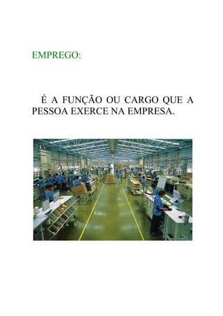EMPREGO:



  É A FUNÇÃO OU CARGO QUE A
PESSOA EXERCE NA EMPRESA.
 