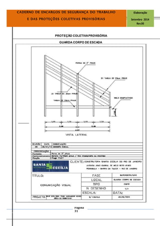 Página
31
CADERNO DE ENCARGOS DE SEGURANÇA DO TRABALHO Elaboração
E DAS PROTEÇÕES COLETIVAS PROVISÓRIAS Setembro 2014
Rev.00
PROTEÇÃO COLETIVAPROVISÓRIA
GUARDA CORPO DE ESCADA
 