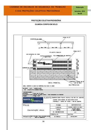 Página
36
CADERNO DE ENCARGOS DE SEGURANÇA DO TRABALHO Elaboração
E DAS PROTEÇÕES COLETIVAS PROVISÓRIAS Setembro 2014
Rev.00
PROTEÇÃO COLETIVAPROVISÓRIA
GUARDA CORPO EM SOLO
 