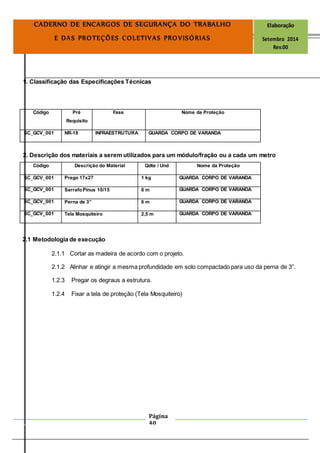 Página
40
CADERNO DE ENCARGOS DE SEGURANÇA DO TRABALHO Elaboração
E DAS PROTEÇÕES COLETIVAS PROVISÓRIAS Setembro 2014
Rev.00
1. Classificação das Especificações Técnicas
Código Pré Fase Nome da Proteção
Requisito
SC_GCV_001 NR-18 INFRAESTRUTURA GUARDA CORPO DE VARANDA
2. Descrição dos materiais a serem utilizados para um módulo/fração ou a cada um metro
Código Descrição do Material Qdte / Und Nome da Proteção
SC_GCV_001 Prego 17x27 1 kg GUARDA CORPO DE VARANDA
SC_GCV_001 SarrafoPinus 10/15 6 m GUARDA CORPO DE VARANDA
SC_GCV_001 Perna de 3” 6 m GUARDA CORPO DE VARANDA
SC_GCV_001 Tela Mosquiteiro 2,5 m GUARDA CORPO DE VARANDA
2.1 Metodologia de execução
2.1.1 Cortar as madeira de acordo com o projeto.
2.1.2 Alinhar e atingir a mesma profundidade em solo compactado para uso da perna de 3”.
1.2.3 Pregar os degraus a estrutura.
1.2.4 Fixar a tela de proteção (Tela Mosquiteiro)
 