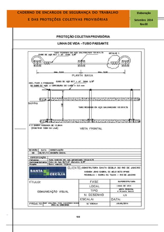 Página
48
CADERNO DE ENCARGOS DE SEGURANÇA DO TRABALHO Elaboração
E DAS PROTEÇÕES COLETIVAS PROVISÓRIAS Setembro 2014
Rev.00
PROTEÇÃO COLETIVAPROVISÓRIA
LINHA DE VIDA –TUBO PASSANTE
 