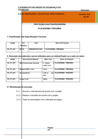 Página
60
CADERNO DE ENCARGOS DE SEGURANÇA DO
TRABALHO Elaboração
E DAS PROTEÇÕES COLETIVAS PROVISÓRIAS Setembro 2014
Rev.00
PROTEÇÃO COLETIVAPROVISÓRIA
PLATAFORMA TERCIÁRIA
1. Classificação das Especificações Técnicas
Código Pré Fase Nome da Proteção
Requisito
SC_PT_001 NR-18 INFRAESTRUTURA PLATAFORMA TERCÍÁRIA
2. Descrição dos materiais a serem utilizados para um módulo/fração ou a cada um metro
Código Descrição do Material Qdte / Und Nome da Proteção
SC_PT_001 Mão francesa (por locação) 2 peças a PLATAFORMA TERCÍÁRIA
cada 1,2 m
SC_PT_001 Madeirit OSB 17 mm 3,0 m PLATAFORMA TERCÍÁRIA
SC_PT_001 Sarrafo20 Cm 1,40 m por PLATAFORMA TERCÍÁRIA
vão
SC_PT_001 Prego 17x27 200 g PLATAFORMA TERCÍÁRIA
2.1 Metodologia de execução
2.1.1 Ancorar a mão francesa de acordo com o projeto.
2.1.2 Realizar o assoalho de acordo com o projeto.
2.1.3 Fazer as amarrações com a utilização de pregos.
 