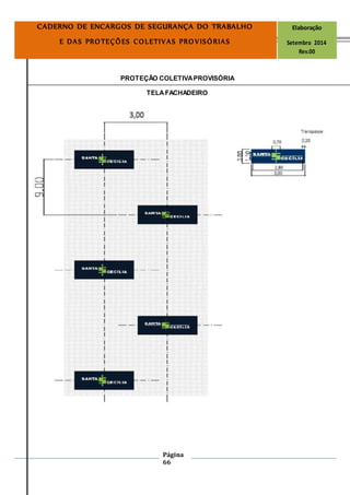 Página
66
CADERNO DE ENCARGOS DE SEGURANÇA DO TRABALHO Elaboração
E DAS PROTEÇÕES COLETIVAS PROVISÓRIAS Setembro 2014
Rev.00
PROTEÇÃO COLETIVAPROVISÓRIA
TELAFACHADEIRO
 