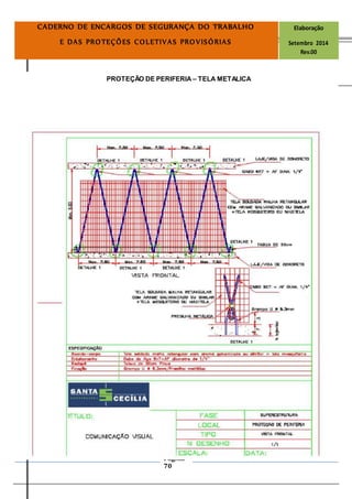 Página
70
CADERNO DE ENCARGOS DE SEGURANÇA DO TRABALHO Elaboração
E DAS PROTEÇÕES COLETIVAS PROVISÓRIAS Setembro 2014
Rev.00
PROTEÇÃO DE PERIFERIA – TELA METALICA
 