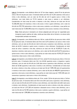 4
Lote 4: Corresponde a uma distância diária de 127 km (duas viagens), sendo 87 km de percurso
cheio e 40,4 km de percurso vazio. O montante diário sem IVA é de 73,38 € (setenta e três euros e
trinta e oito cêntimos), com um valor do IVA (6%) de 4,33 € (quatro euros e trinta e três
cêntimos), num total diário de 77,71€ (setenta e sete euros e setenta e um cêntimos).
Considerando um total anual de cento e sessenta e oito dias, estima-se um total sem IVA de
12.328,24€ (doze mil trezentos e vinte e oito euros e vinte e quatro cêntimos), com o valor do
IVA (6%) de 727,71€ (setecentos e vinte e sete euros e setenta e um cêntimos), o que perfaz um
valor total anual de 13.055,95€ (treze mil e cinquenta e cinco euros e noventa e cinco cêntimos).
Nota: Neste percurso é necessário um veículo adaptado pois terá que ter capacidade para
transportar quatro cadeiras de rodas, sendo que duas delas não se fecham e os alunos serão
transportados sentados nas mesmas.
Lote 5: Corresponde a uma distância diária de 138 km, sendo 69,40 km de percurso cheio e 68,8
km de percurso vazio. O montante diário sem IVA é de 61,29 € (setenta e um euros e vinte e nove
cêntimos), com um valor do IVA (6%) de 3,66 € (três euros e sessenta e seis cêntimos), num total
diário de 64,95 € (setenta e quatro euros e noventa e cinco cêntimos). Considerando um total
anual de cento e sessenta e oito dias, estima-se um total sem IVA de 10.297,01 € (dez mil,
duzentos e noventa e sete euros e um cêntimo), com o valor do IVA (6%) de 615,27 € (seiscentos e
quinze euros e vinte e sete cêntimos), o que perfaz um valor total anual de 10.912,27 € (dez mil
novecentos e doze euros e vinte e sete cêntimos).
Lote 6: Corresponde a uma distância diária de 91 km, sendo 57,4 km de percurso cheio e 34 km de
percurso vazio. O montante diário sem IVA é de 40,54€ (quarenta euros e cinquenta e quatro
cêntimos), com um valor do IVA (6%) de 2,42€ (dois euros e quarenta e dois cêntimos), num total
diário de 42,96€ (quarenta e dois euros e noventa e seis cêntimos). Considerando um total anual
de cento e oitenta e cinco dias, estima-se um total sem IVA de 7.499,14€ (sete mil quatrocentos
e noventa e nove euros e catorze cêntimos), com o valor do IVA (6%) de 448,09 € (quatrocentos e
quarenta e oito euros e nove cêntimos), o que perfaz um valor total anual de 7.947,23€ (sete mil
novecentos e quarenta e sete euros e vinte e três cêntimos).
Lote 7: Corresponde a uma distância diária de 15 km, sendo 7,20 km de percurso cheio e 7,40 km
de percurso vazio. O montante diário sem IVA é de 6,48 € (seis euros e quarenta e oito cêntimos),
com um valor do IVA (6%) de 0,39 € (trinta e nove cêntimos), num total diário de 6,86 € (seis euros
e oitenta e seis cêntimos). Considerando um total anual de cento e oitenta e oito dias, estima-se
um total sem IVA de 1.217,32€ (mil duzentos e dezassete euros e trinta e dois cêntimos), com o
valor do IVA (6%) de 72,74€ (setenta e dois euros e setenta e quatro cêntimos), o que perfaz um
valor total anual de 1.290,06€ (mil duzentos e noventa e seis cêntimos).
3. Os concorrentes poderão candidatar-se à prestação de serviços de transporte a um ou mais lotes.
 
