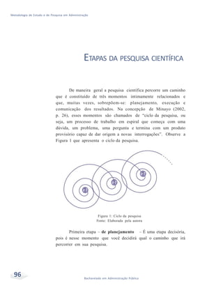 Metodologia de Estudo e de Pesquisa em Administração
96 Bacharelado em Administração Pública
ETAPAS DA PESQUISA CIENTÍFICA
De maneira geral a pesquisa científica percorre um caminho
que é constituído de três momentos intimamente relacionados e
que, muitas vezes, sobrepõem-se: planejamento, execução e
comunicação dos resultados. Na concepção de Minayo (2002,
p. 26), esses momentos são chamados de “ciclo da pesquisa, ou
seja, um processo de trabalho em espiral que começa com uma
dúvida, um problema, uma pergunta e termina com um produto
provisório capaz de dar origem a novas interrogações”. Observe a
Figura 1 que apresenta o ciclo da pesquisa.
Figura 1: Ciclo da pesquisa
Fonte: Elaborada pela autora
Primeira etapa – de planejamento – É uma etapa decisória,
pois é nesse momento que você decidirá qual o caminho que irá
percorrer em sua pesquisa.
 