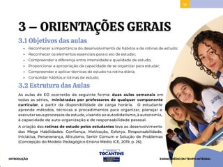 13
3 – ORIENTAÇÕES GERAIS
3.1 Objetivos das aulas
• Reconhecer a importância do desenvolvimento de hábitos e de rotinas de estudo;
• Reconhecer os elementos essenciais para o ato de estudar;
• Compreender a diferença entre intensidade e qualidade de estudo;
• Proporcionar a apropriação da capacidade de se organizar para estudar;
• Compreender e aplicar técnicas de estudo na rotina diária;
• Consolidar hábitos e rotinas de estudo.
3.2 Estrutura das Aulas
As aulas de EO ocorrerão da seguinte forma: duas aulas semanais em
todas as séries, ministradas por professores de qualquer componente
curricular, a partir da disponibilidade de carga horária. O estudante
aprende métodos, técnicas e procedimentos para organizar, planejar e
executar seus processos de estudo, visando ao autodidatismo, à autonomia,
à capacidade de auto-organização e de responsabilidade pessoal.
A criação das rotinas de estudo pelos estudantes leva ao desenvolvimento
das Mega Habilidades: Confiança, Motivação, Esforço, Responsabilidade,
Iniciativa, Perseverança, Altruísmo, Sentir Comum e Solução de Problemas
(Concepção do Modelo Pedagógico Ensino Médio ICE, 2019, p. 26).
INTRODUÇÃO ENSINO MÉDIO EM TEMPO INTEGRAL
 