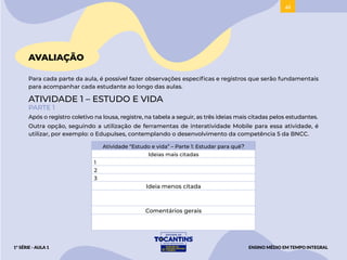 41
AVALIAÇÃO
Para cada parte da aula, é possível fazer observações específicas e registros que serão fundamentais
para acompanhar cada estudante ao longo das aulas.
ATIVIDADE 1 – ESTUDO E VIDA
PARTE 1
Após o registro coletivo na lousa, registre, na tabela a seguir, as três ideias mais citadas pelos estudantes.
Outra opção, seguindo a utilização de ferramentas de interatividade Mobile para essa atividade, é
utilizar, por exemplo: o Edupulses, contemplando o desenvolvimento da competência 5 da BNCC.
Atividade “Estudo e vida” – Parte 1: Estudar para quê?
Ideias mais citadas
1
2
3
Ideia menos citada
Comentários gerais
ENSINO MÉDIO EM TEMPO INTEGRAL
1ª SÉRIE - AULA 1
BAIXAR
 