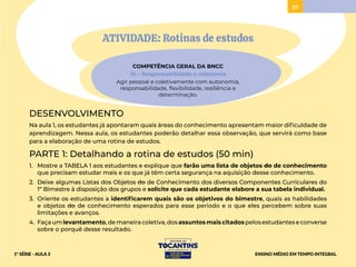 57
ATIVIDADE: Rotinas de estudos
COMPETÊNCIA GERAL DA BNCC
10 – Responsabilidade e cidadania
Agir pessoal e coletivamente com autonomia,
responsabilidade, flexibilidade, resiliência e
determinação.
DESENVOLVIMENTO
Na aula 1, os estudantes já apontaram quais áreas do conhecimento apresentam maior dificuldade de
aprendizagem. Nessa aula, os estudantes poderão detalhar essa observação, que servirá como base
para a elaboração de uma rotina de estudos.
PARTE 1: Detalhando a rotina de estudos (50 min)
1. Mostre a TABELA 1 aos estudantes e explique que farão uma lista de objetos do de conhecimento
que precisam estudar mais e os que já têm certa segurança na aquisição desse conhecimento.
2. Deixe algumas Listas dos Objetos do de Conhecimento dos diversos Componentes Curriculares do
1º Bimestre à disposição dos grupos e solicite que cada estudante elabore a sua tabela individual.
3. Oriente os estudantes a identificarem quais são os objetivos do bimestre, quais as habilidades
e objetos do de conhecimento esperados para esse período e o que eles percebem sobre suas
limitações e avanços.
4. Façaumlevantamento,demaneiracoletiva,dosassuntos mais citadospelosestudanteseconverse
sobre o porquê desse resultado.
ENSINO MÉDIO EM TEMPO INTEGRAL
1ª SÉRIE - AULA 3
 