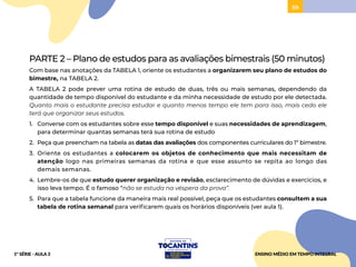 59
PARTE 2 – Plano de estudos para as avaliações bimestrais (50 minutos)
Com base nas anotações da TABELA 1, oriente os estudantes a organizarem seu plano de estudos do
bimestre, na TABELA 2.
A TABELA 2 pode prever uma rotina de estudo de duas, três ou mais semanas, dependendo da
quantidade de tempo disponível do estudante e da minha necessidade de estudo por ele detectada.
Quanto mais o estudante precisa estudar e quanto menos tempo ele tem para isso, mais cedo ele
terá que organizar seus estudos.
1. Converse com os estudantes sobre esse tempo disponível e suas necessidades de aprendizagem,
para determinar quantas semanas terá sua rotina de estudo
2. Peça que preencham na tabela as datas das avaliações dos componentes curriculares do 1º bimestre.
3. Oriente os estudantes a colocarem os objetos de conhecimento que mais necessitam de
atenção logo nas primeiras semanas da rotina e que esse assunto se repita ao longo das
demais semanas.
4. Lembre-os de que estudo querer organização e revisão, esclarecimento de dúvidas e exercícios, e
isso leva tempo. É o famoso “não se estuda na véspera da prova”.
5. Para que a tabela funcione da maneira mais real possível, peça que os estudantes consultem a sua
tabela de rotina semanal para verificarem quais os horários disponíveis (ver aula 1).
ENSINO MÉDIO EM TEMPO INTEGRAL
1ª SÉRIE - AULA 3
 
