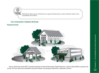 UnidadeIV–FuncionalidadesdoSistemaEducacenso
101
4.3.2. Acessando o Cadastro da Escola
Pesquisar Escola
Muito bem! Agora que já conhecemos as regras do Educacenso, vamos entender todas as fun-
cionalidades do sistema.
Escola
Para os perfis Inep, Setec/MEC, Secretaria Estadual, Secretaria Municipal e Órgão Regional, o sistema disponibiliza a pesquisa de
escola. Por meio dessa funcionalidade é possível realizar uma pesquisa utilizando os seguintes critérios:
 