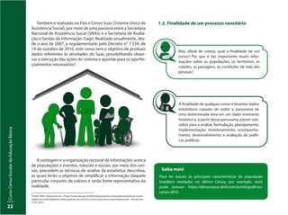 CursoCensoEscolardaEducaçãoBásica
22
Também é realizado no País o Censo Suas (Sistema Único de
Assistência Social), por meio de uma parceria entre a Secretaria
Nacional de Assistência Social (SNAS) e a Secretaria de Avalia-
ção e Gestão da Informação (Sagi). Realizado anualmente, des-
de o ano de 2007, e regulamentado pelo Decreto n° 7.334, de
19 de outubro de 2010, este censo tem o objetivo de produzir
dados referentes às atividades do Suas, possibilitando obser-
var a execução das ações do sistema e apontar para os aperfei-
çoamentos necessários5.
1.2.	Finalidade de um processo censitário
5
Fonte: MDS. Disponível em: <http://www.mds.gov.br/falemds/perguntas-frequentes/assistencia-social/
vigilancia-social/vigilancia-sobre-padroes-de-servicos-censo-suas/censo-suas-institucional>. Acesso em:
7 nov. 2013.
Saiba mais!
Para ter acesso às principais características da população
brasileira reveladas no último Censo, por exemplo, você
pode acessar: https://almanaque.abril.com.br/infograficos/
censo-2010.
A contagem e a organização racional de informações acerca
de populações e eventos, naturais e sociais, por meio dos cen-
sos, precedem as técnicas de análise da estatística descritiva,
as quais terão o objetivo de simplificar a informação daquele
particular conjunto de valores e serão fonte representativa da
realidade.
Mas, afinal de contas, qual a finalidade de um
censo? Por que é tão importante reunir infor-
mações sobre as populações, os territórios, as
cidades, as paisagens, as condições de vida das
pessoas?
A finalidade de qualquer censo é levantar dados
estatísticos capazes de exibir o panorama de
uma determinada área em um dado momento
histórico e, a partir desse panorama, prover sub-
sídios para a análise, formulação, planejamento,
implementação, monitoramento, acompanha-
mento, desenvolvimento e avaliação de políti-
cas públicas.
 
