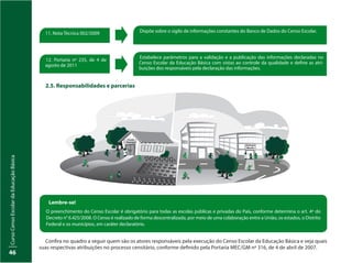 CursoCensoEscolardaEducaçãoBásica
46
Dispõe sobre o sigilo de informações constantes do Banco de Dados do Censo Escolar.
Estabelece parâmetros para a validação e a publicação das informações declaradas no
Censo Escolar da Educação Básica com vistas ao controle da qualidade e define as atri-
buições dos responsáveis pela declaração das informações.
11. Nota Técnica 002/2009
12. Portaria nº 235, de 4 de
agosto de 2011
2.5. Responsabilidades e parcerias
Lembre-se!
O preenchimento do Censo Escolar é obrigatório para todas as escolas públicas e privadas do País, conforme determina o art. 4º do
Decreto n° 6.425/2008. O Censo é realizado de forma descentralizada, por meio de uma colaboração entre a União, os estados, o Distrito
Federal e os municípios, em caráter declaratório.
Confira no quadro a seguir quem são os atores responsáveis pela execução do Censo Escolar da Educação Básica e veja quais
suas respectivas atribuições no processo censitário, conforme definido pela Portaria MEC/GM nº 316, de 4 de abril de 2007.
Escola
Municipal
 