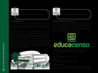 CursoCensoEscolardaEducaçãoBásica
70
Educação Básica
Nível da educação escolar brasileira que compreende a
educação infantil, o ensino fundamental e o ensino médio. O
Censo Escolar realiza coleta de informações dessas três etapas
de ensino.
De acordo com a LDB, “a educação básica tem por fina-
lidades desenvolver o educando, assegurar-lhe a formação
comum indispensável para o exercício da cidadania e forne-
cer-lhe meios para progredir no trabalho e em estudos poste-
riores”. Além disso,“a educação básica poderá organizar-se em
séries anuais, períodos semestrais, ciclos, alternância regular
de períodos de estudos, grupos não seriados, com base na ida-
de, na competência e em outros critérios, ou por forma diversa
de organização, sempre que o interesse do processo de apren-
dizagem assim o recomendar”.
Usuário do sistema Educacenso
É o indivíduo previamente cadastrado no sistema Educa-
censo. Os usuários devem ser vinculados a escolas, secretarias
estaduais ou municipais de educação, além de gestores edu-
cacionais, responsáveis pelo acompanhamento da coleta de
dados e pela fidedignidade das informações.
Veja agora quem são os usuários do sistema:
Cada usuário do sistema Educacenso é cadastrado em um
perfil, com níveis de acesso diferenciados, a saber:
Leitor
Apenas visualiza os dados informados.
Executor
Visualiza e altera os dados informados.
Superusuário
Visualiza e altera os dados informados e ainda cadastra
novos usuários no sistema. É necessário que cada entidade
Atenção agora para este conceito-chave!
 