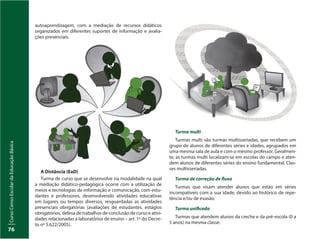 CursoCensoEscolardaEducaçãoBásica
76
CursoCensoEscolardaEducaçãoBásica
76
autoaprendizagem, com a mediação de recursos didáticos
organizados em diferentes suportes de informação e avalia-
ções presenciais.
A Distância (EaD)
Turma de curso que se desenvolve na modalidade na qual
a mediação didático-pedagógica ocorre com a utilização de
meios e tecnologias de informação e comunicação, com estu-
dantes e professores, desenvolvendo atividades educativas
em lugares ou tempos diversos, resguardadas as atividades
presenciais obrigatórias (avaliações de estudantes, estágios
obrigatórios, defesa de trabalhos de conclusão de curso e ativi-
dades relacionadas a laboratórios de ensino – art. 1º do Decre-
to nº 5.622/2005).
Turma multi
Turmas multi são turmas multisseriadas, que recebem um
grupo de alunos de diferentes séries e idades, agrupados em
uma mesma sala de aula e com o mesmo professor. Geralmen-
te, as turmas multi localizam-se em escolas do campo e aten-
dem alunos de diferentes séries do ensino fundamental. Clas-
ses multisseriadas.
Turma de correção de fluxo
Turmas que visam atender alunos que estão em séries
incompatíveis com a sua idade, devido ao histórico de repe-
tência e/ou de evasão.
Turma unificada
Turmas que atendem alunos da creche e da pré-escola (0 a
5 anos) na mesma classe.
 