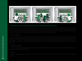 CursoCensoEscolardaEducaçãoBásica
78
Deficiência, transtorno global do desenvolvimento ou altas habilidades/superdotação
Segundo a Convenção sobre os Direitos das Pessoas com Deficiência (ONU 2007), ratificada no Brasil com status de emenda
constitucional por meio dos Decretos nº 186/2008 e nº 6.949/2009,“pessoas com deficiência são aquelas que têm impedimentos
de longo prazo, de natureza física, intelectual ou sensorial, os quais, em interação com diversas barreiras, podem obstruir sua par-
ticipação plena e efetiva na sociedade em igualdade de condições com as demais pessoas”.
Deficiência Física
Consiste na alteração completa ou parcial de um ou mais segmentos do corpo humano, acarretando o comprometimento da
função física, apresentando-se sob a forma de paraplegia, paraparesia, monoplegia, monoparesia, tetraplegia, tetraparesia, triple-
gia, triparesia, hemiplegia, hemiparesia, ostomia, amputação ou ausência de membro, paralisia cerebral, nanismo, membros com
deformidade congênita ou adquirida, exceto as deformidades estéticas e as que não produzam dificuldades para o desempenho
de funções.
Deficiência Auditiva
Consiste na perda bilateral, parcial ou total, de 41 (quarenta e um) decibéis (dB) ou mais, aferida por audiograma nas frequências
de 500Hz, 1.000Hz, 2.000Hz e 3.000Hz.
Surdez
Consiste na perda auditiva acima de 71 (setenta e um) dB, aferida por audiograma nas frequências de 500Hz, 1.000Hz, 2.000Hz
e 3.000Hz.
xr
 