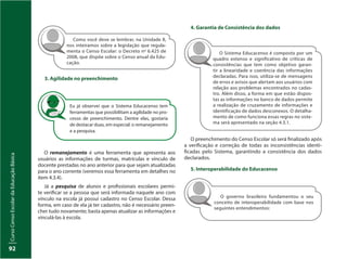 CursoCensoEscolardaEducaçãoBásica
92
Como você deve se lembrar, na Unidade II,
nos inteiramos sobre a legislação que regula-
menta o Censo Escolar: o Decreto nº 6.425 de
2008, que dispõe sobre o Censo anual da Edu-
cação.
3. Agilidade no preenchimento
O remanejamento é uma ferramenta que apresenta aos
usuários as informações de turmas, matrículas e vínculo de
docente prestadas no ano anterior para que sejam atualizadas
para o ano corrente (veremos essa ferramenta em detalhes no
item 4.3.4).
Já a pesquisa de alunos e profissionais escolares permi-
te verificar se a pessoa que será informada naquele ano com
vínculo na escola já possui cadastro no Censo Escolar. Dessa
forma, em caso de ela já ter cadastro, não é necessário preen-
cher tudo novamente; basta apenas atualizar as informações e
vinculá-las à escola.
Eu já observei que o Sistema Educacenso tem
ferramentas que possibilitam a agilidade no pro-
cesso de preenchimento. Dentre elas, gostaria
de destacar duas, em especial: o remanejamento
e a pesquisa.
O Sistema Educacenso é composto por um
quadro extenso e significativo de críticas de
consistências que tem como objetivo garan-
tir a linearidade e coerência das informações
declaradas. Para isso, utiliza-se de mensagens
de erros e avisos que alertam aos usuários com
relação aos problemas encontrados no cadas-
tro. Além disso, a forma em que estão dispos-
tas as informações no banco de dados permite
a realização de cruzamento de informações e
identificação de dados desconexos. O detalha-
mento de como funciona essas regras no siste-
ma será apresentado na seção 4.3.1.
O governo brasileiro fundamentou o seu
conceito de interoperabilidade com base nos
seguintes entendimentos:
O preenchimento do Censo Escolar só será finalizado após
a verificação e correção de todas as inconsistências identi-
ficadas pelo Sistema, garantindo a consistência dos dados
declarados.
5. Interoperabilidade do Educacenso
4. Garantia de Consistência dos dados
 