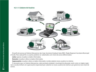 CursoCensoEscolardaEducaçãoBásica
96
4.2.1.1. Cadastro de Usuários
Os perfis de acesso ao Sistema Educacenso são: Inep, Secretaria Estadual, Setec/MEC, Órgão Regional, Secretaria Municipal
e Escola. Para cada perfil, os usuários poderão ser cadastrados com níveis de acesso diferenciados:
Leitor: apenas visualiza os dados informados;
Executor: visualiza e altera os dados informados;
Superusuário: visualiza e altera os dados informados e ainda cadastra novos usuários no sistema.
É necessário que, no Sistema Educacenso, cada secretaria estadual e municipal de educação, assim como os órgãos regio-
nais e escolas tenham um superusuário responsável por cadastrar os novos usuários do sistema e por gerenciar seus níveis de
acesso.
Secretaria
Municipal
 
