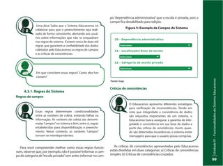 UnidadeIV–FuncionalidadesdoSistemaEducacenso
99
Uma dica! Saiba que o Sistema Educacenso irá
colaborar para que o preenchimento seja reali-
zado de forma consistente, alertando aos usuá-
rios sobre informações que não se enquadram
nas regras do sistema. Existem cerca de duas mil
regras que garantem a confiabilidade dos dados
coletados pelo Educacenso: as regras de campos
e as críticas de consistências.
Em que consistem essas regras? Como elas fun-
cionam?
4.3.1. Regras do Sistema
Regras de campos
Para você compreender melhor como essas regras funcio-
nam, observe que, por exemplo, não é possível informar o cam-
po de categoria de“escola privada”sem antes informar no cam-
Figura 5: Exemplo de Campos do Sistema
Fonte: Inep.
O Educacenso apresenta diferentes estratégias
para verificação de inconsistências. Tendo em
vista que integridade e consistência de dados
são requisitos importantes de um sistema, o
Educacenso busca assegurar a garantia de inte-
gridade e consistência em sua base de dados a
partir das críticas de consistências. Assim, quan-
do são detectadas incoerências, o sistema emite
mensagens para que o usuário possa corrigi-las.
Críticas de consistências
As críticas de consistências apresentadas pelo Educacenso
estão divididas em duas categorias: a) Críticas de consistências
simples; b) Críticas de consistências cruzadas.
Essas regras determinam condicionalidades
entre as variáveis de coleta, evitando falhas na
informação. As variáveis de coleta são denomi-
nadas“campos”no sistema e têm, entre si, regras
estabelecidas para disponibilização e preenchi-
mento. Nesse contexto, as variáveis “campos”
tornam-se interdependentes.
po “dependência administrativa” que a escola é privada, pois o
campo fica desabilitado para edição.
 