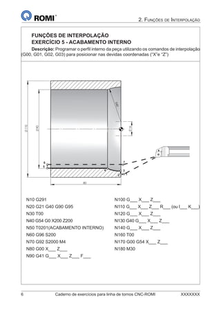 6 Caderno de exercícios para linha de tornos CNC-ROMI XXXXXXX
2. FUNÇÕES DE INTERPOLAÇÃO
FUNÇÕES DE INTERPOLAÇÃO
EXERCÍCIO 5 - ACABAMENTO INTERNO
Descrição: Programar o perﬁl interno da peça utilizando os comandos de interpolação
(G00, G01, G02, G03) para posicionar nas devidas coordenadas (“X”e “Z”)
16
80
110
90
R40
12
34
6
5
7
N10 G291 N100 G___ X___ Z___
N20 G21 G40 G90 G95 N110 G___ X___ Z___ R___ (ou I___ K___)
N30 T00 N120 G___ X___ Z___
N40 G54 G0 X200 Z200 N130 G40 G___ X___ Z___
N50 T0201(ACABAMENTO INTERNO) N140 G___ X___ Z___
N60 G96 S200 N160 T00
N70 G92 S2000 M4 N170 G00 G54 X___ Z___
N80 G00 X___ Z___ N180 M30
N90 G41 G___ X___ Z___ F___
 