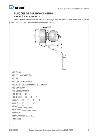 XXXXXXX Caderno de exercícios para linha de tornos CNC-ROMI 9
3. FUNÇÕES DE ARREDONDAMENTO
FUNÇÕES DE ARREDONDAMENTO
EXERCÍCIO 8 - ENGATE
Descrição: Programar o perﬁl externo da peça utilizando os comandos de interpolação
(G00, G01, G02, G03) e arredondamento (,C) e (,R) .
60
85R5
60 25R
2x45
N10 G291
N20 G21 G40 G90 G95
N30 T00
N40 G54 G0 X200 Z200
N50 T0301 (ACABAMENTO EXTERNO)
N60 G96 S200
N70 G92 S2000 M4
N80 G00 X___ Z___
N90 G42 G___ X___ Z___ F___
N100 G___ X___ Z___ R___ ,R___
N110 G___ X___ Z___ , C___
N120 G___ X___ Z___
N130 G40 G___ X___ Z___
N140 T00
N150 G00 G54 X___ Z___
N160 M30
 