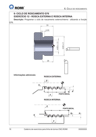 16 Caderno de exercícios para linha de tornos CNC-ROMI XXXXXXX
6. CICLO DE ROSCAMENTO
6- CICLO DE ROSCAMENTO G76
EXERCÍCIO 12 - ROSCA EXTERNA E ROSCA INTERNA
Descrição: Programar o ciclo de roscamento externo/interno utilizando a função
G76.
��
���������
��
�������
����
Informações adicionais:
ROSCA EXTERNA:
PONTO INICIAL
F
Z
X
Q P
ROSCA INTERNA:
PONTO INICIAL
F
Z
X
Q P
 