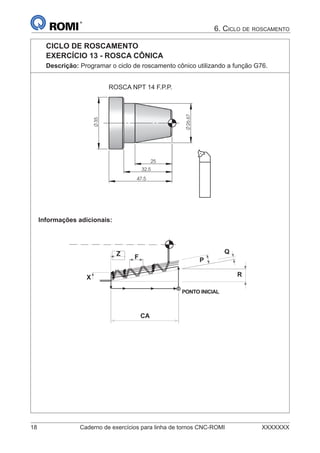 18 Caderno de exercícios para linha de tornos CNC-ROMI XXXXXXX
6. CICLO DE ROSCAMENTO
CICLO DE ROSCAMENTO
EXERCÍCIO 13 - ROSCA CÔNICA
Descrição: Programar o ciclo de roscamento cônico utilizando a função G76.
25
26.67
35
32.5
47.5
ROSCA NPT 14 F.P.P.
Informações adicionais:
PONTO INICIAL
FZ
X
Q
P
R
CA
 