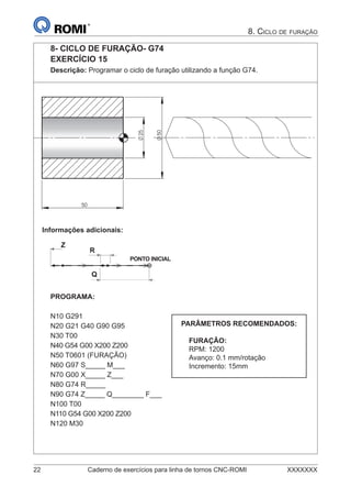 22 Caderno de exercícios para linha de tornos CNC-ROMI XXXXXXX
8. CICLO DE FURAÇÃO
8- CICLO DE FURAÇÃO- G74
EXERCÍCIO 15
Descrição: Programar o ciclo de furação utilizando a função G74.
50
25
50
Informações adicionais:
PONTO INICIAL
Q
R
Z
PROGRAMA:
N10 G291
N20 G21 G40 G90 G95
N30 T00
N40 G54 G00 X200 Z200
N50 T0601 (FURAÇÃO)
N60 G97 S_____ M___
N70 G00 X_____ Z___
N80 G74 R_____
N90 G74 Z_____ Q________ F___
N100 T00
N110 G54 G00 X200 Z200
N120 M30
PARÂMETROS RECOMENDADOS:
FURAÇÃO:
RPM: 1200
Avanço: 0.1 mm/rotação
Incremento: 15mm
 
