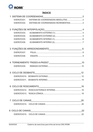 XXXXXXX Caderno de exercícios para linha de tornos CNC-ROMI
ÍNDICE
1 SISTEMA DE COORDENADAS________________________________ 2
EXERCÍCIO1. SISTEMA DE COORDENADAS ABSOLUTAS............................. 2
EXERCÍCIO2. SISTEMA DE COORDENADAS INCREMENTAIS........................3
2 FUNÇÕES DE INTERPOLAÇÃO_______________________________ 4
EXERCÍCIO3. ACABAMENTO EXTERNO (1).................................................... 4
EXERCÍCIO4. ACABAMENTO EXTERNO (2).................................................... 5
EXERCÍCIO5. ACABAMENTO INTERNO (1).................................................... .6
EXERCÍCIO6. ACABAMENTO INTERNO (2).................................................... .7
3 FUNÇÕES DE ARREDONDAMENTO___________________________ 8
EXERCÍCIO7. POLIA......................................................................................... 8
EXERCÍCIO8. ENGATE..................................................................................... 9
4 TORNEAMENTO “PASSO-A-PASSO”___________________________10
EXERCÍCIO9. REBAIXO EXTERNO................................................................ 10
5 CICLO DE DESBASTE______________________________________12
EXERCÍCIO10. DESBASTE EXTERNO................................................................ 12
EXERCÍCIO11. DESBASTE INTERNO................................................................. 14
6 CICLO DE ROSCAMENTO___________________________________16
EXERCÍCIO12. ROSCA EXTERNA E INTERNA.................................................. 16
EXERCÍCIO13. ROSCA CÔNICA......................................................................... 18
7 CICLO DE CANAIS_________________________________________20
EXERCÍCIO14. CICLO DE CANAIS.................................................................... .20
8 CICLO DE CANAIS__________________________________________22
EXERCÍCIO15. CICLO DE CANAIS.................................................................... .22
 