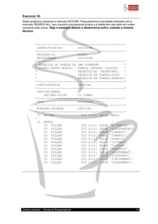 Direitos Autorais – Escola de Programadores 14 
Exercício 18: Neste programa usaremos a cláusula OCCURS. Pesquisaremos uma tabela indexada com a instrução SEARCH ALL, isso causará uma pesquisa binária e a tabela tem que estar em ordem crescente pela chave. Veja o exemplo abaixo e desenvolva outro, usando a mesma técnica. 
 